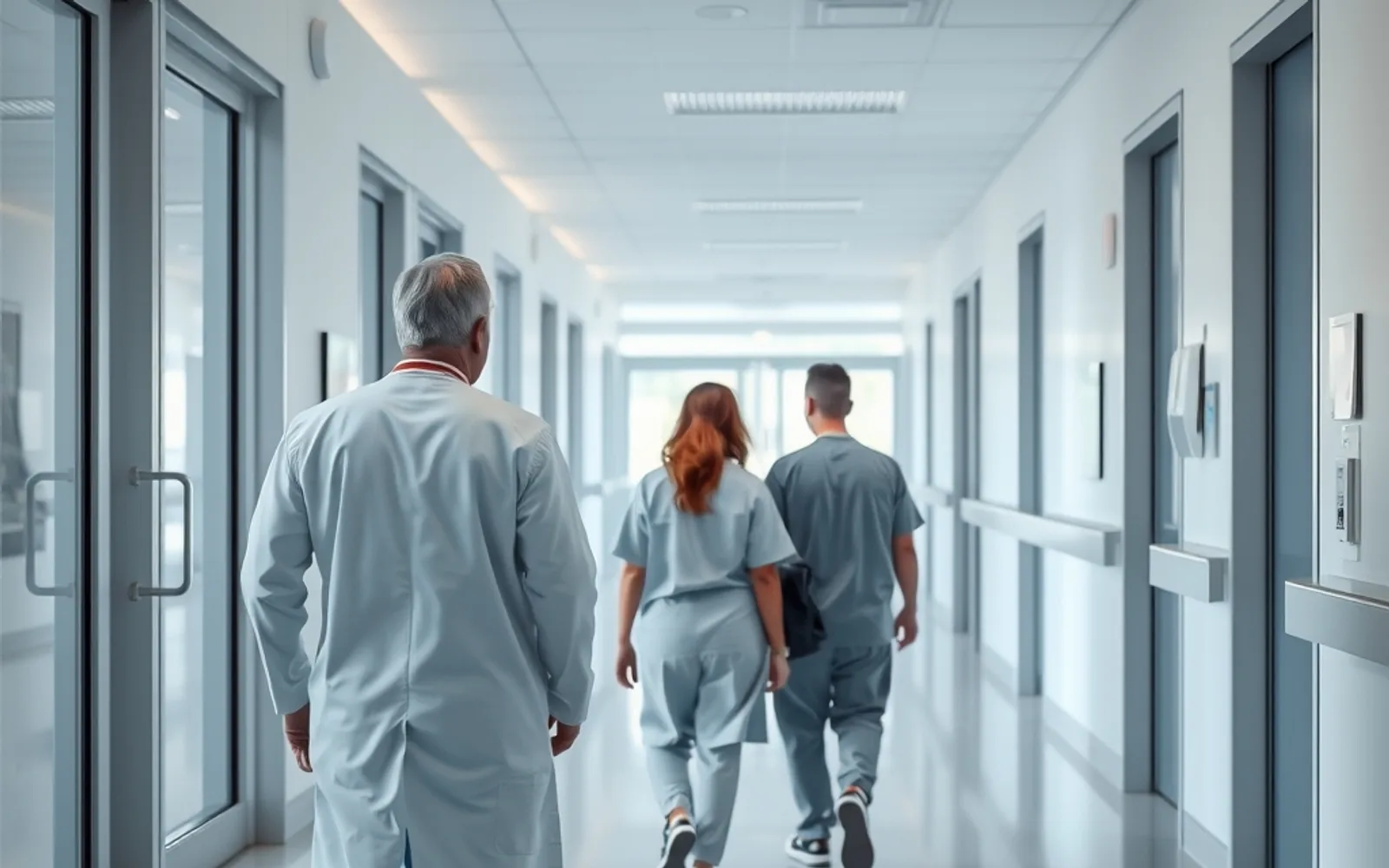 Klinikpersonal auf einem hellen Krankenhausflur