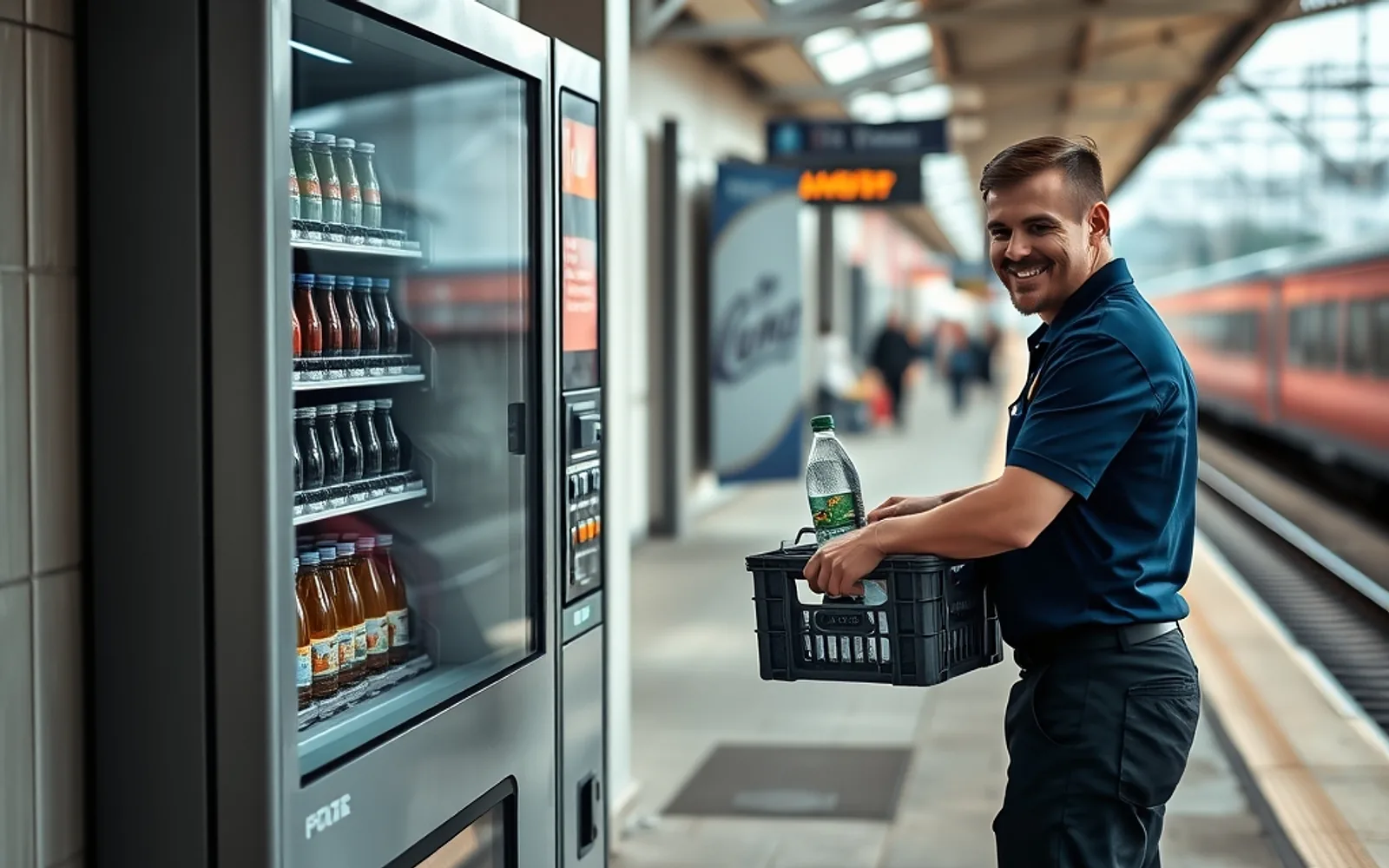 Servicemitarbeiter befüllt einen Automaten an einem Bahnsteig